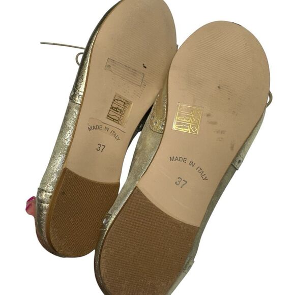 Ballerina‎ Gold Tone Metallic Leather Wingtip Loafer Flats, 7 - Picture 11 of 11